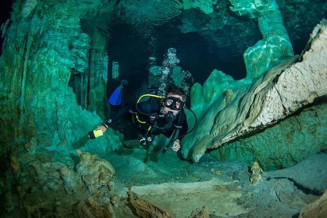2 tanks Cenote Diving Adventure in Tulum for Certified Divers - Meeting at La Calypso scuba center, gear up, and head out